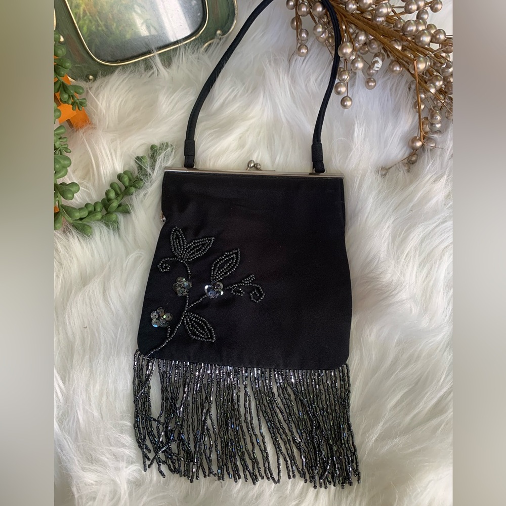 Vintage La Regale Black Beaded Fringe Bag